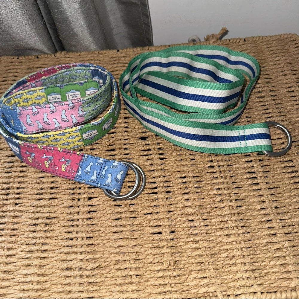 Bundle of Two Vtg Vineyard Vines Web Ribbon Belts Nautical M Blue Green Beach
